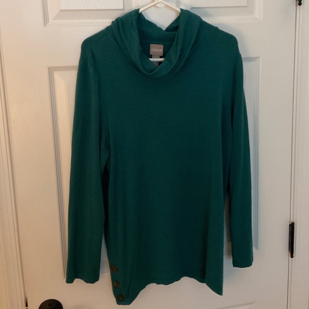 CHICOS GREENISH BLUE TUNIC.  SIZE 2 (Chicos Sizing). Lovely condition!